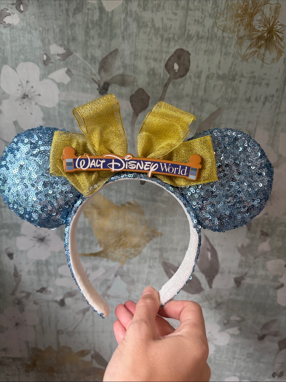 Disney Blue Sequin Minnie Ears Headband with Gold Bow - Walt Disney World